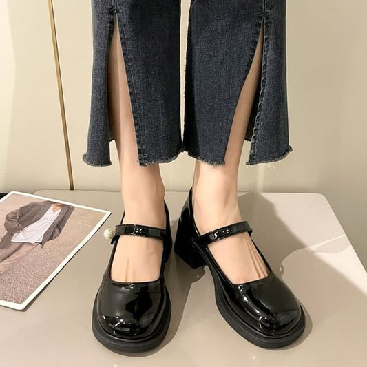 Heel Mary Pearl Jane Block Faux Shoes Patent