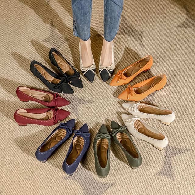 Pumps Pointed Heel Bow Block Fabric