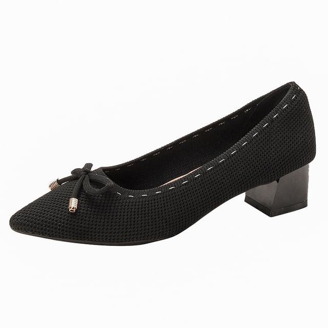 Pumps Pointed Heel Bow Block Fabric