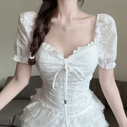 Front / Tie Short-Sleeve Square Eyelet Embroidered Neck Blouse
