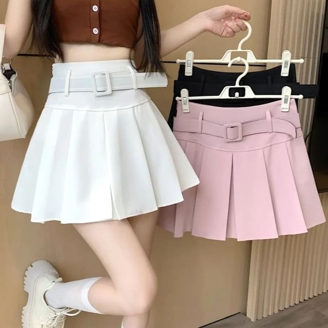 Skirt A-line Pleated Mini Undershorts Belt Plain Waist High / Set