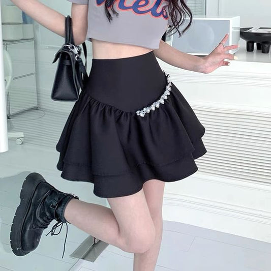 A-Line Rise Plain High Rhinestone Skirt Mini