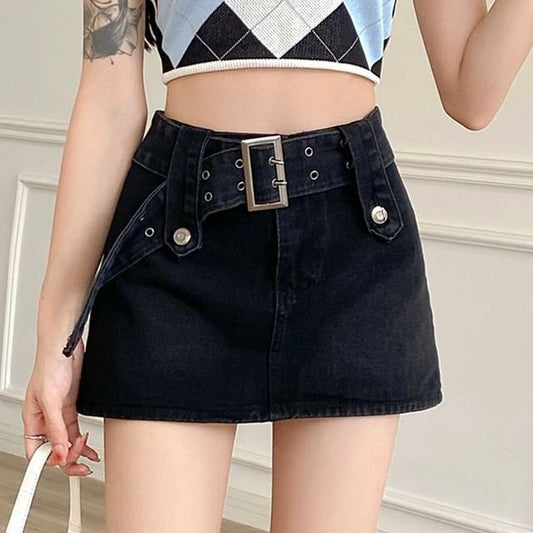 A-Line Denim Mini Skirt Waist High
