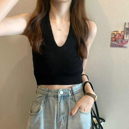 Knit Top V-Neck Halter Cropped Plain