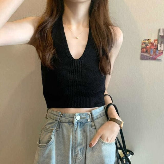 Knit Top V-Neck Halter Cropped Plain