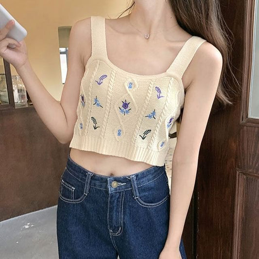 Cropped Knit Embroidered Flower Camisole Top