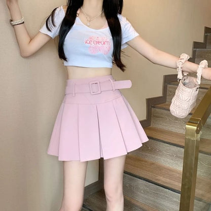 Skirt A-line Pleated Mini Undershorts Belt Plain Waist High / Set