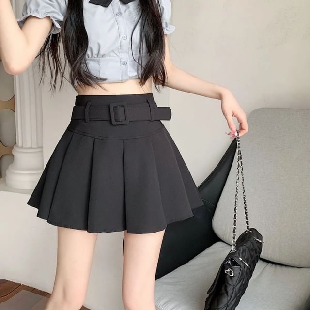 Skirt A-line Pleated Mini Undershorts Belt Plain Waist High / Set