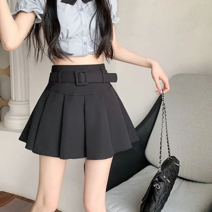 Skirt A-line Pleated Mini Undershorts Belt Plain Waist High / Set
