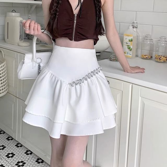 A-Line Rise Plain High Rhinestone Skirt Mini