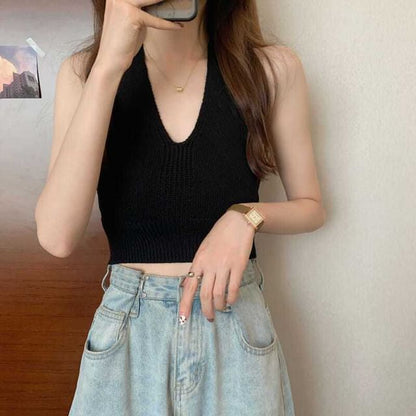 Knit Top V-Neck Halter Cropped Plain
