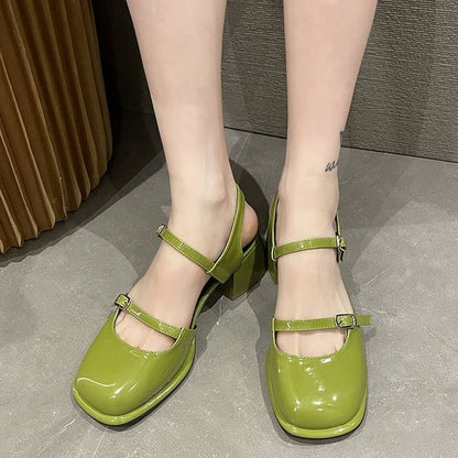 Slingback Toe Block Mary Heel Patent Pumps Square D'Orsay Leather Jane