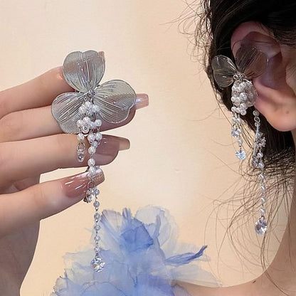 Rhinestone Floral Pearl Ear Cuff Fringed Faux