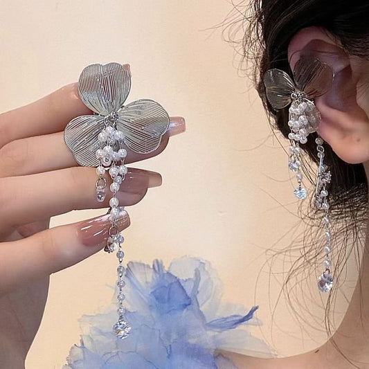 Rhinestone Floral Pearl Ear Cuff Fringed Faux