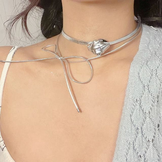 Bow Choker Layered Leather Faux Floral