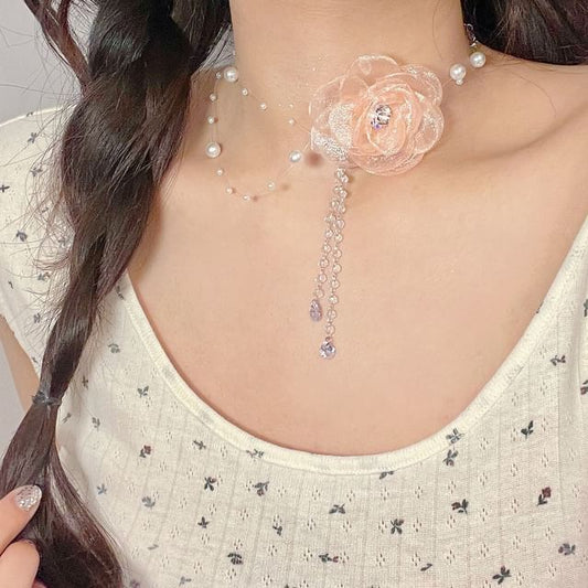 Faux Floral Necklace Pearl Fringed
