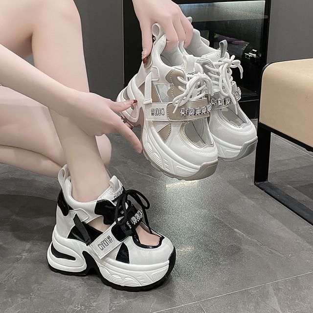 Wedge Hidden Cutout Sneakers Rhinestone Panel Platform