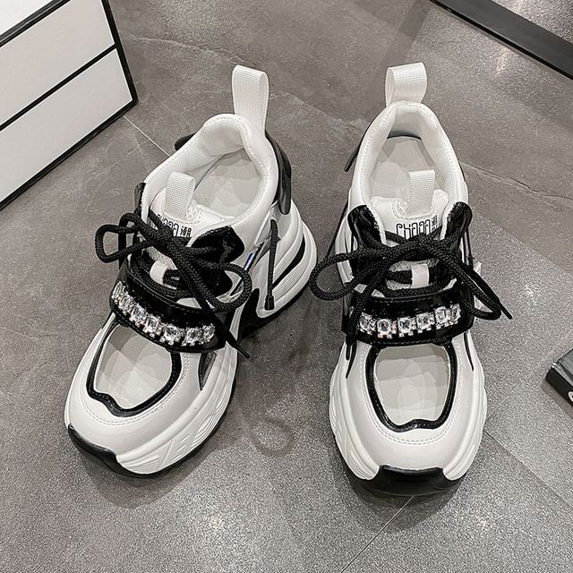 Wedge Hidden Cutout Sneakers Rhinestone Panel Platform