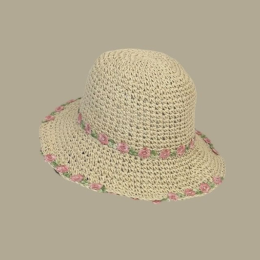 Floral Hat Straw Sun Embroidered