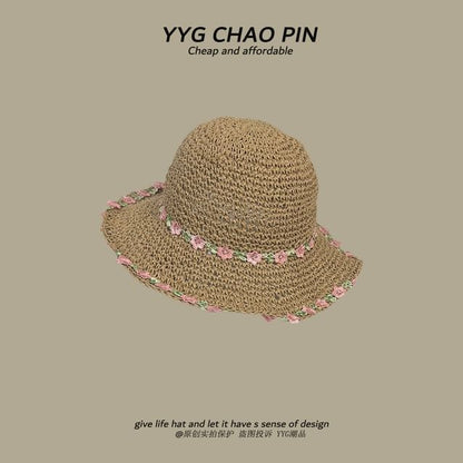 Floral Hat Straw Sun Embroidered