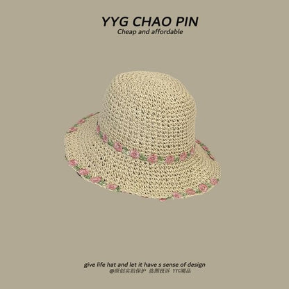 Floral Hat Straw Sun Embroidered