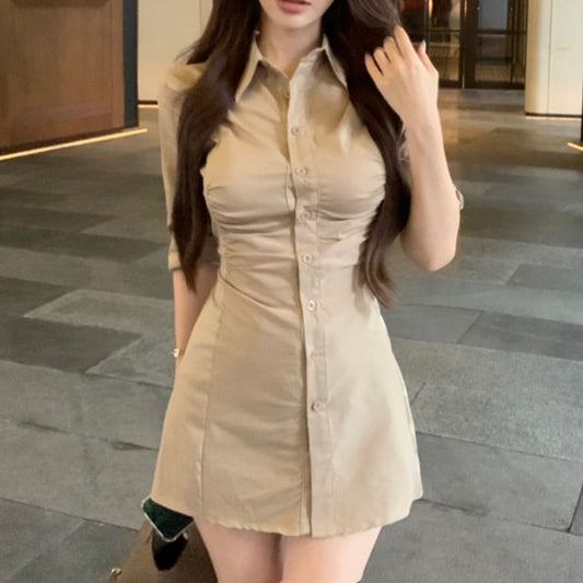 Wholesale Sample 3/4-Sleeve Plain Ruched Button-Up Mini Sheath Shirt Dress