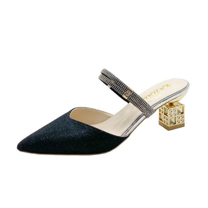 Heel Pointed Mules Rhinestone Block