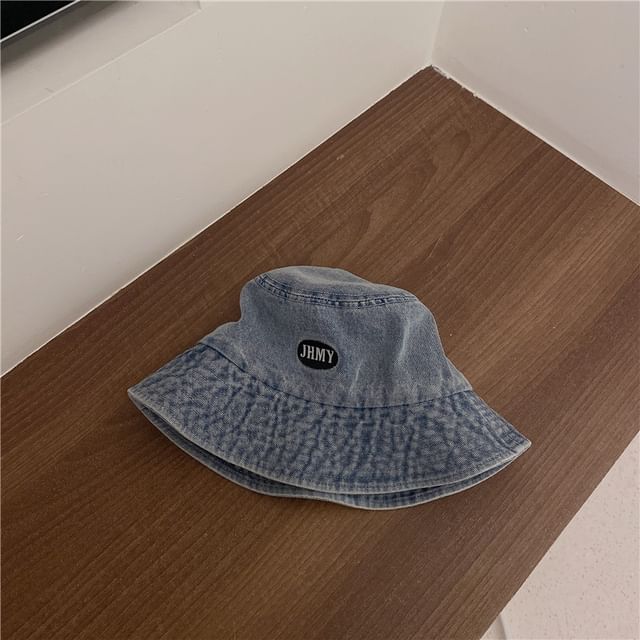 Lettering Hat Washed Embroidered Denim Bucket