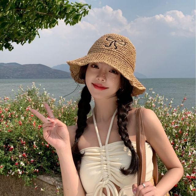 Embroidered Hat Sun Straw Bow