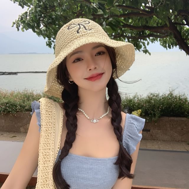 Embroidered Hat Sun Straw Bow