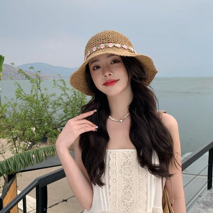 Hat Embroidered Sun Straw Floral