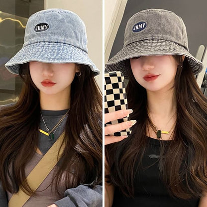 Lettering Hat Washed Embroidered Denim Bucket