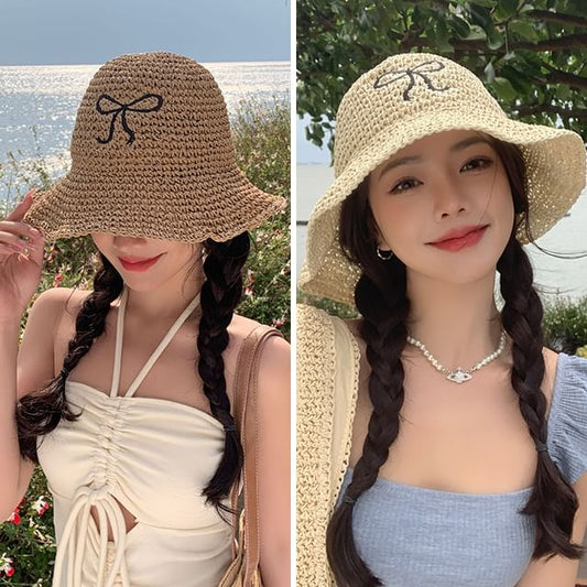 Embroidered Hat Sun Straw Bow