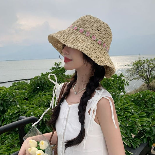 Hat Embroidered Sun Straw Floral