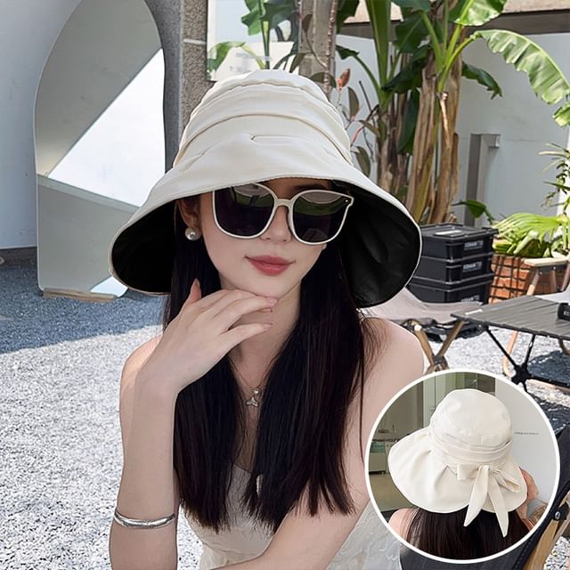 Wide Brim Bucket Ruched Bow Hat