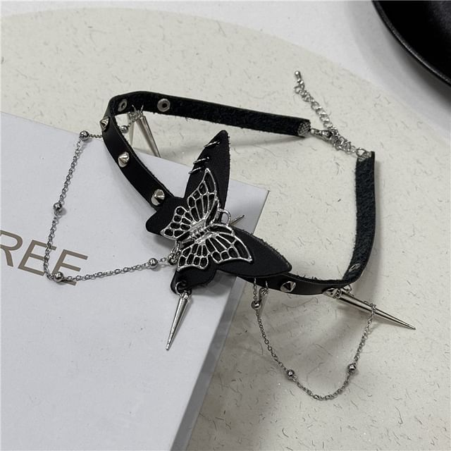 Butterfly Faux / Leather Choker Alloy Studded
