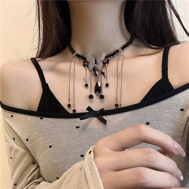 Butterfly Faux / Leather Choker Alloy Studded