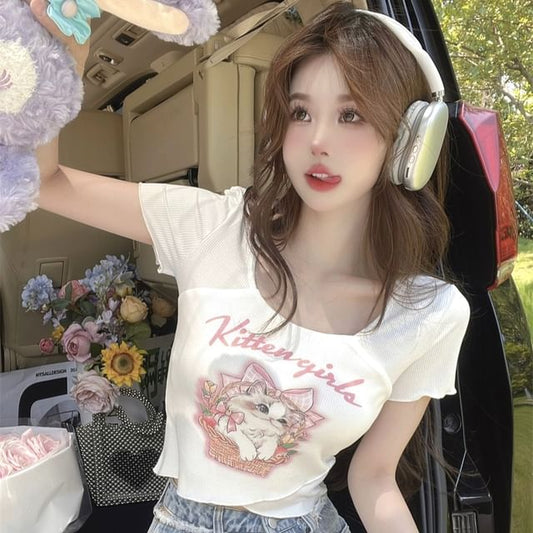 Lettering Neck Cartoon Print Short-Sleeve Square Tee