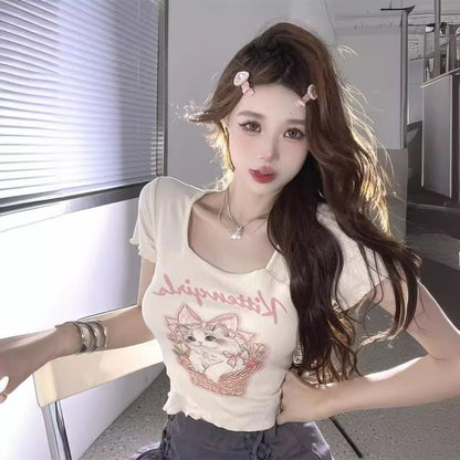 Lettering Neck Cartoon Print Short-Sleeve Square Tee