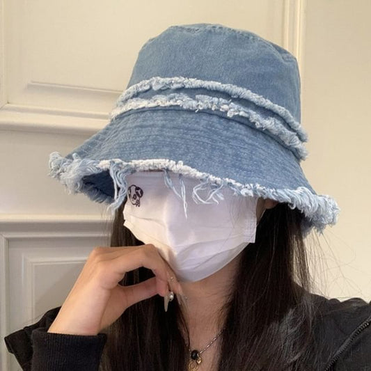 Denim Fringed Distressed Hat Bucket