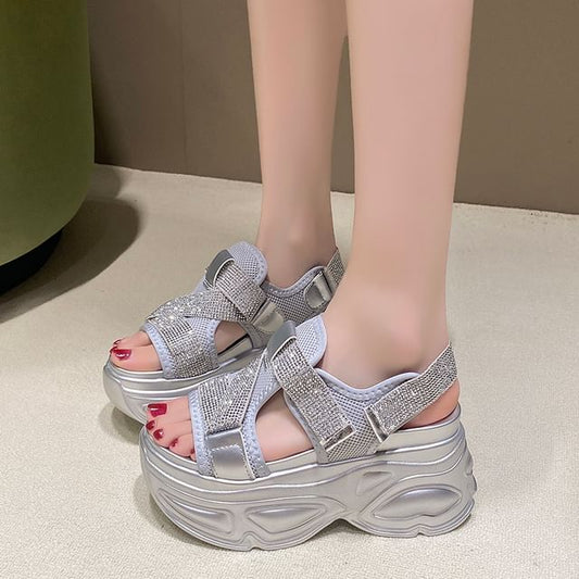 Slingback Rhinestone Adhesive Platform Mesh Sandals Strap