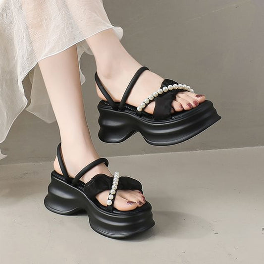Wholesale Sample Accent Pearl Faux Platform Ruched Strap Cross Sandals