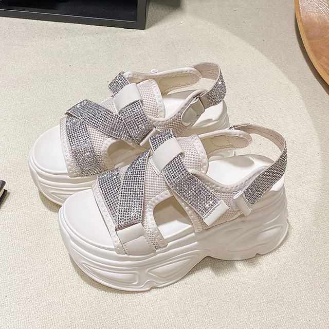 Slingback Rhinestone Adhesive Platform Mesh Sandals Strap