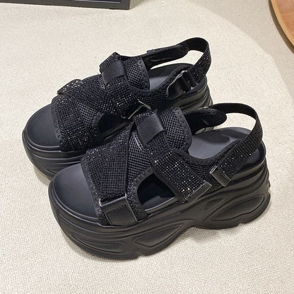 Slingback Rhinestone Adhesive Platform Mesh Sandals Strap