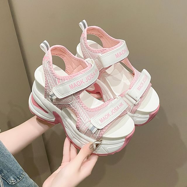 Strap Mesh Lettering Wedge Sandals Slingback Heel Print Adhesive