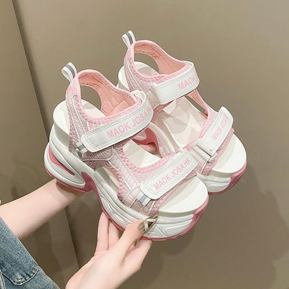 Strap Mesh Lettering Wedge Sandals Slingback Heel Print Adhesive