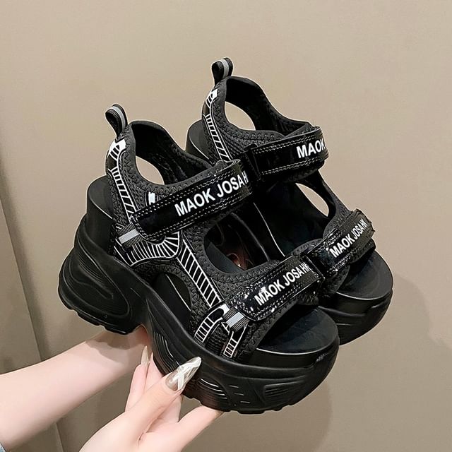 Strap Mesh Lettering Wedge Sandals Slingback Heel Print Adhesive