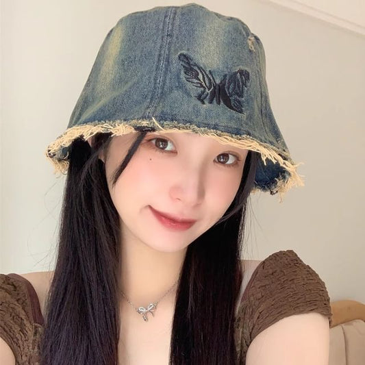 With Bucket Butterfly Embroidery Brim Distressed Hat