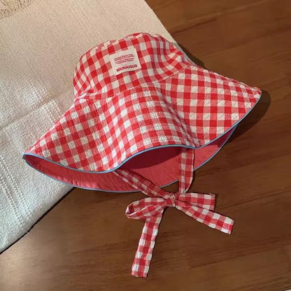 Bucket With Checkered Pattern Strap Chin Hat