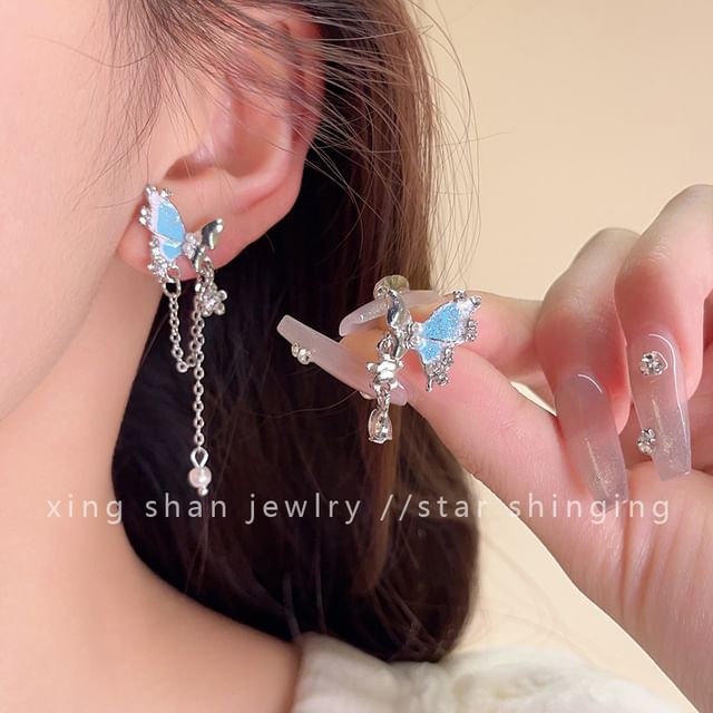 Butterfly Dangle / Rhinestone Earring Clip-On